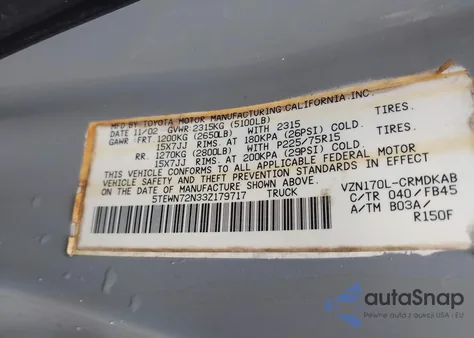 2003 Toyota Tacoma Base V6 z USA, uszkodzony, nr VIN 5TEWN72N33Z179717